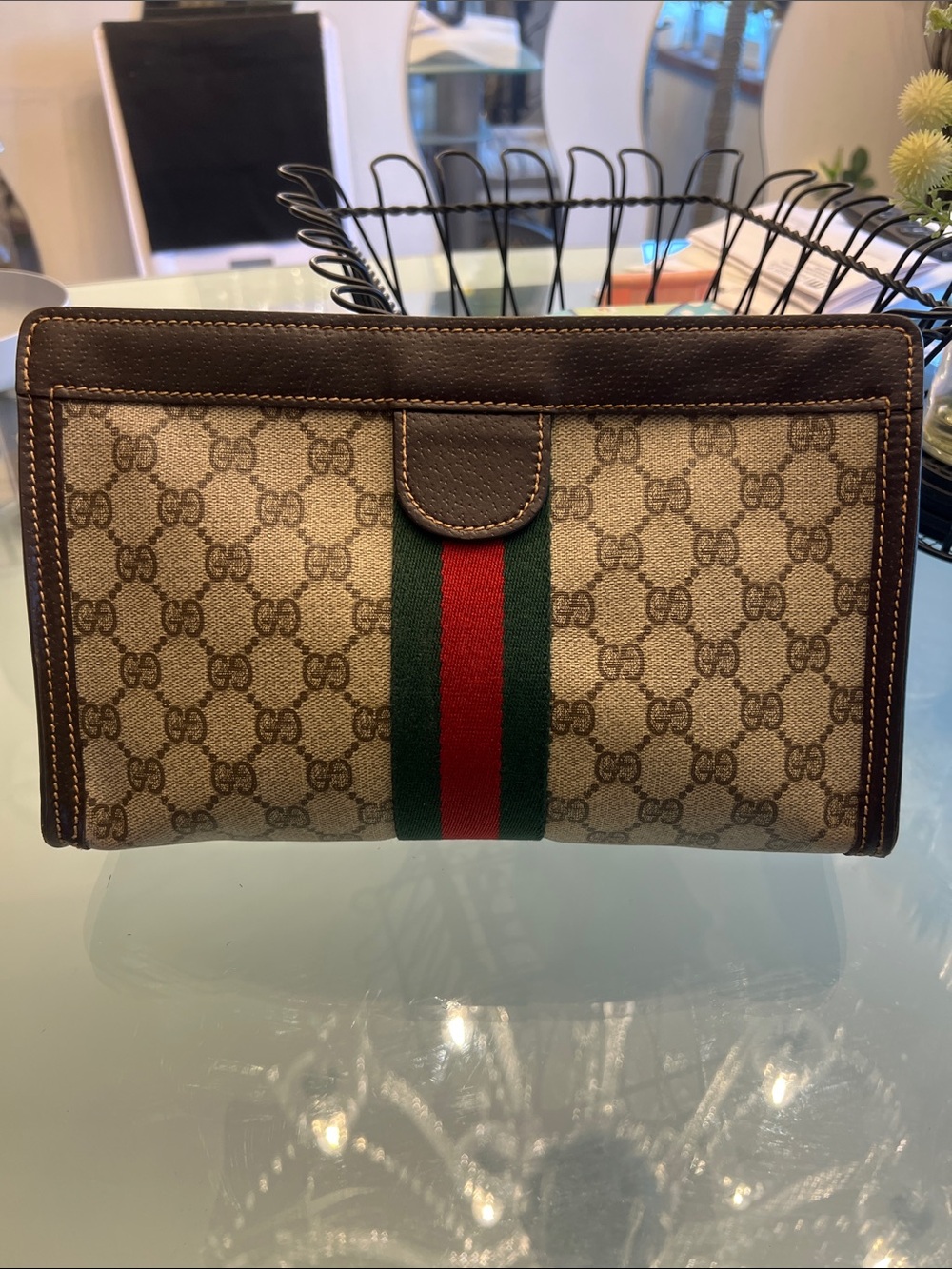 Auth Vintage GUCCI Brown GG PVC Sherry Line Cosmetic Clutch Bag Pouch #61468